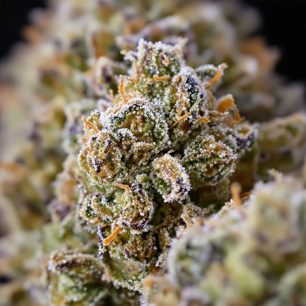 Kosher Tangie cannabis bud close-up showing dense forest-green nugs
