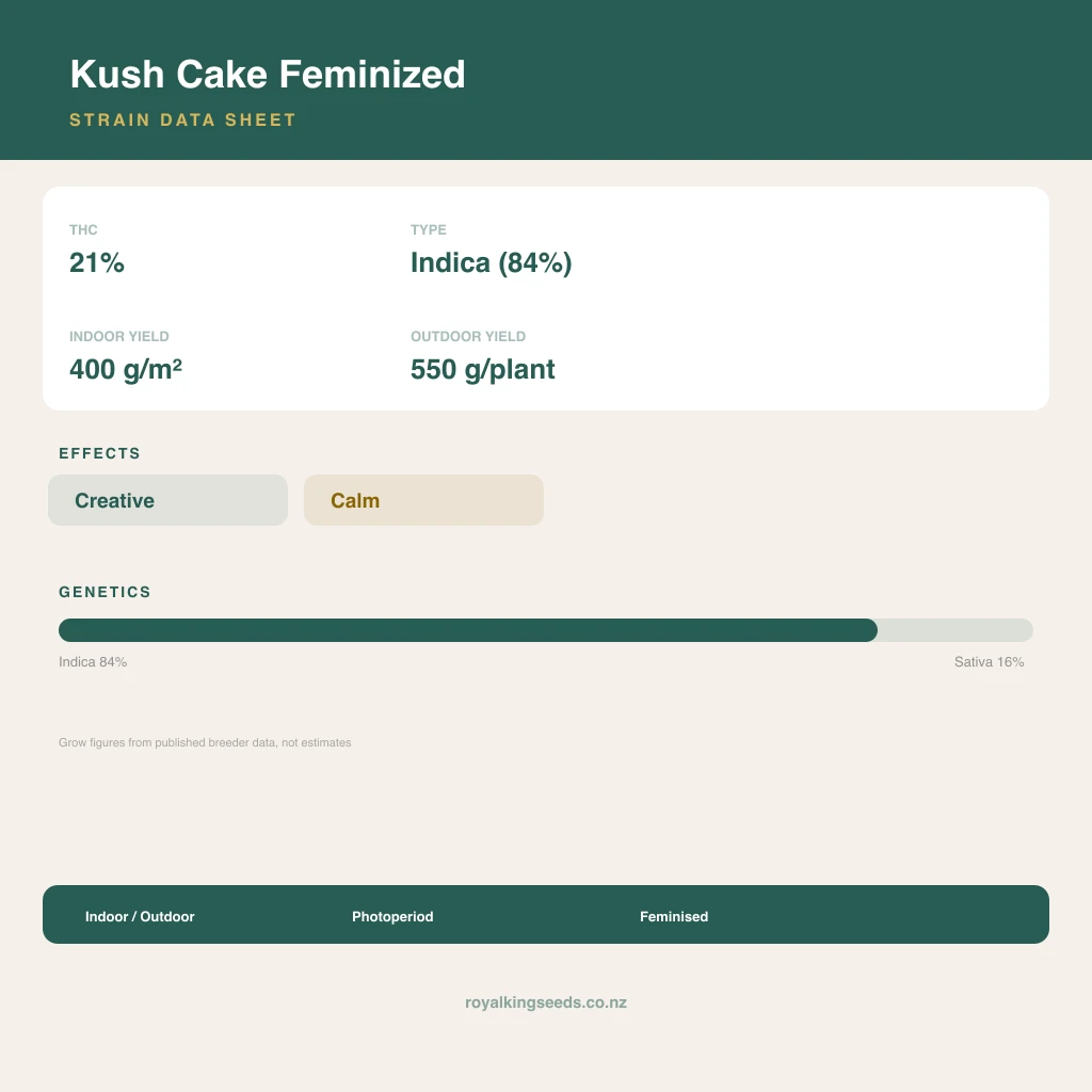 Kush Cake 84% indica / 16% sativa flower with visible trichomes