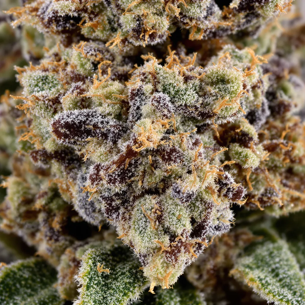 Kush XL cannabis bud close-up showing dense purple-tinged calyxes