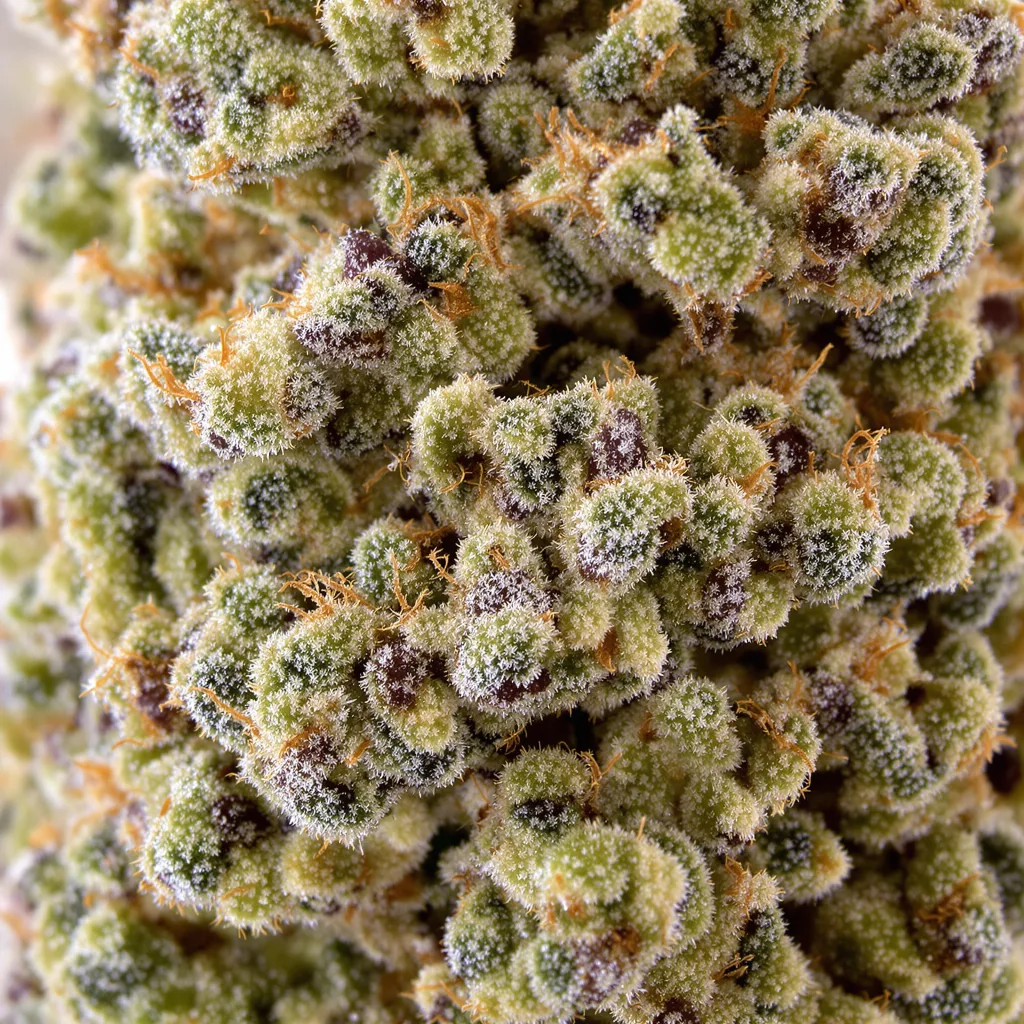 LA Confidential cannabis bud close-up showing balanced bud structure with frosted trichomes
