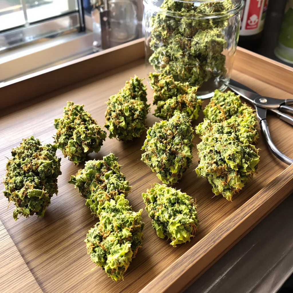Laughing Buddha 20% indica / 80% sativa flower with visible trichomes