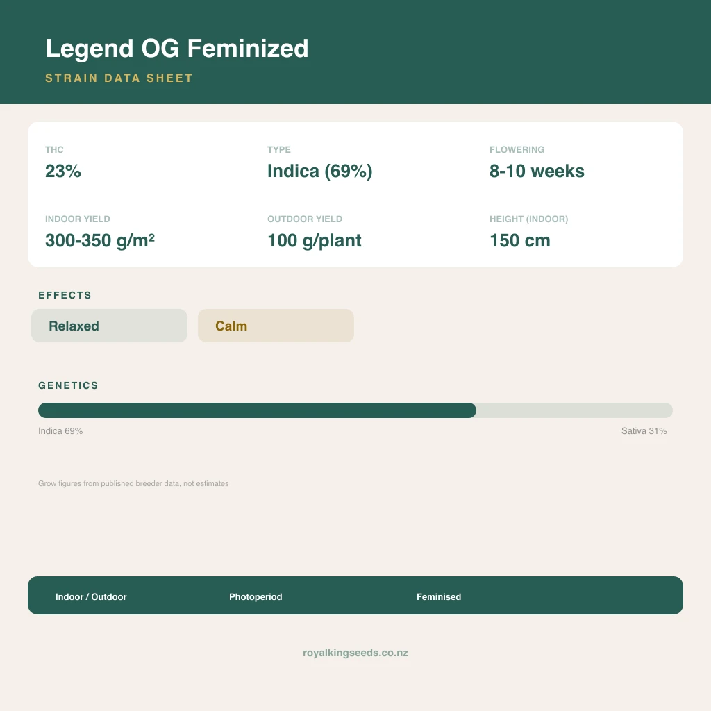 Legend OG 69% indica / 31% sativa flower with visible trichomes
