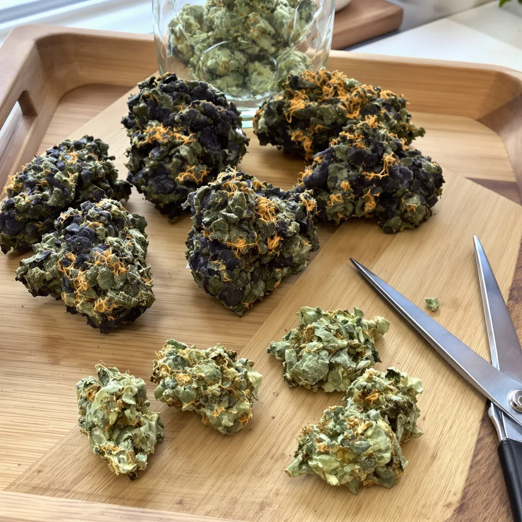 Lemon Garlic OG 78% indica / 22% sativa flower with visible trichomes