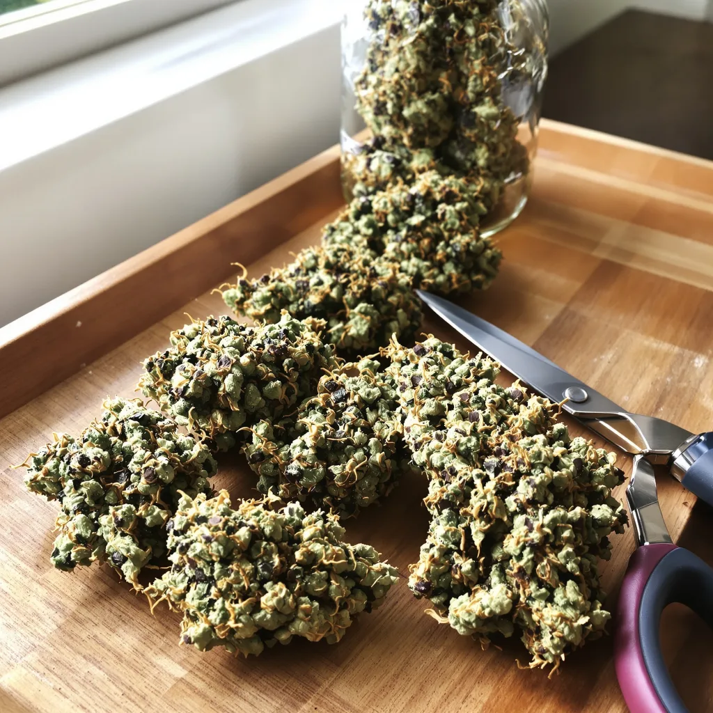 Lime Purple Mist 74% indica / 26% sativa flower with visible trichomes
