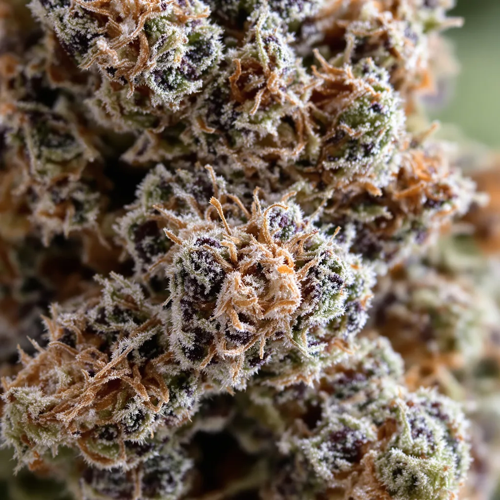Lime Purple Mist cannabis bud close-up showing dense purple-tinged calyxes