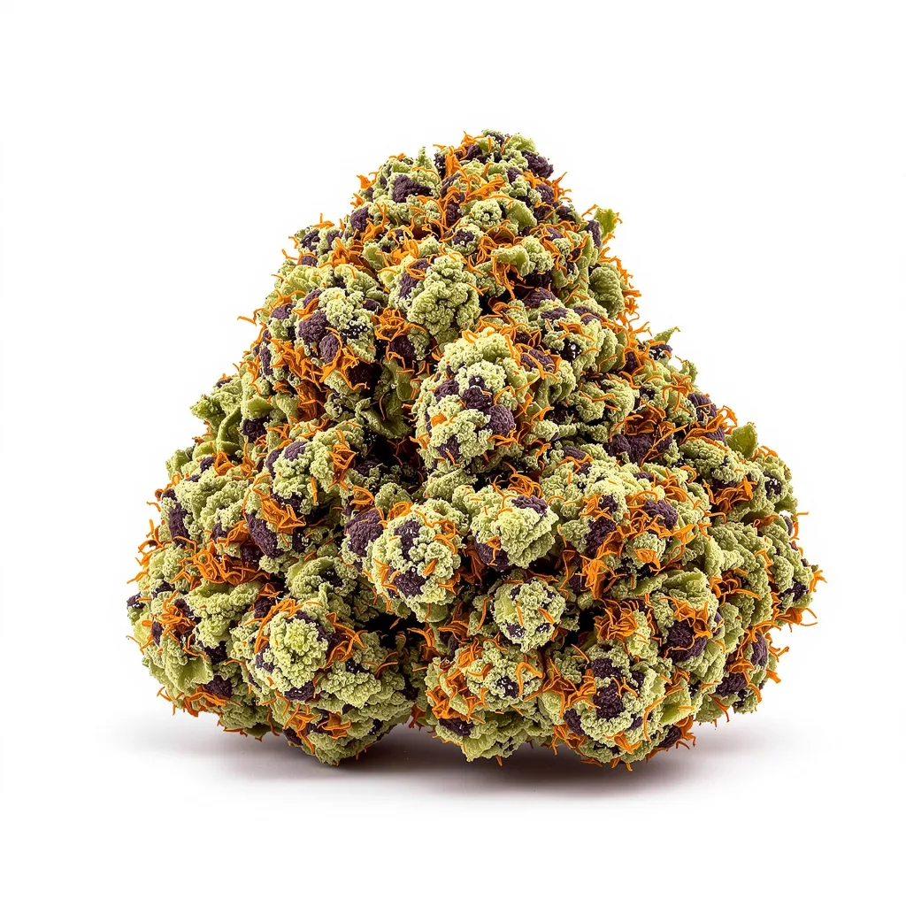 Lime Purple Mist 74% indica / 26% sativa flower with visible trichomes