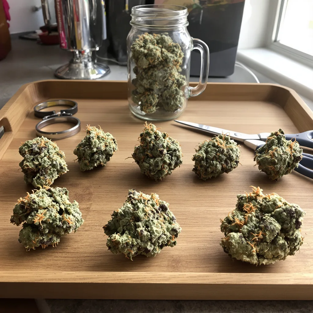 Lucid Blue 61% indica / 39% sativa flower with visible trichomes