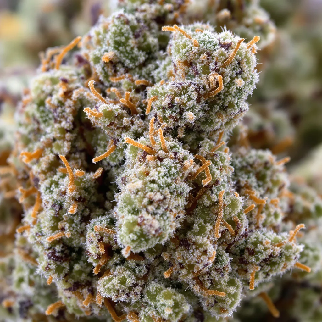Lucid Blue cannabis bud close-up showing dense forest-green nugs