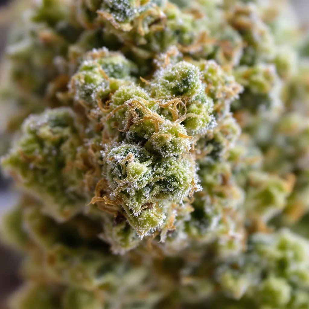 Lucid Dream cannabis bud close-up showing lime-green airy structure