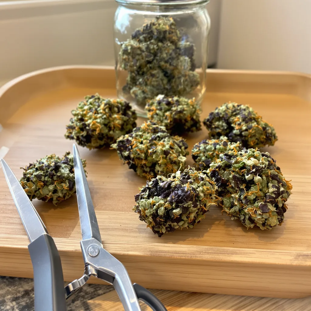 Mafia Funeral 84% indica / 16% sativa flower with visible trichomes