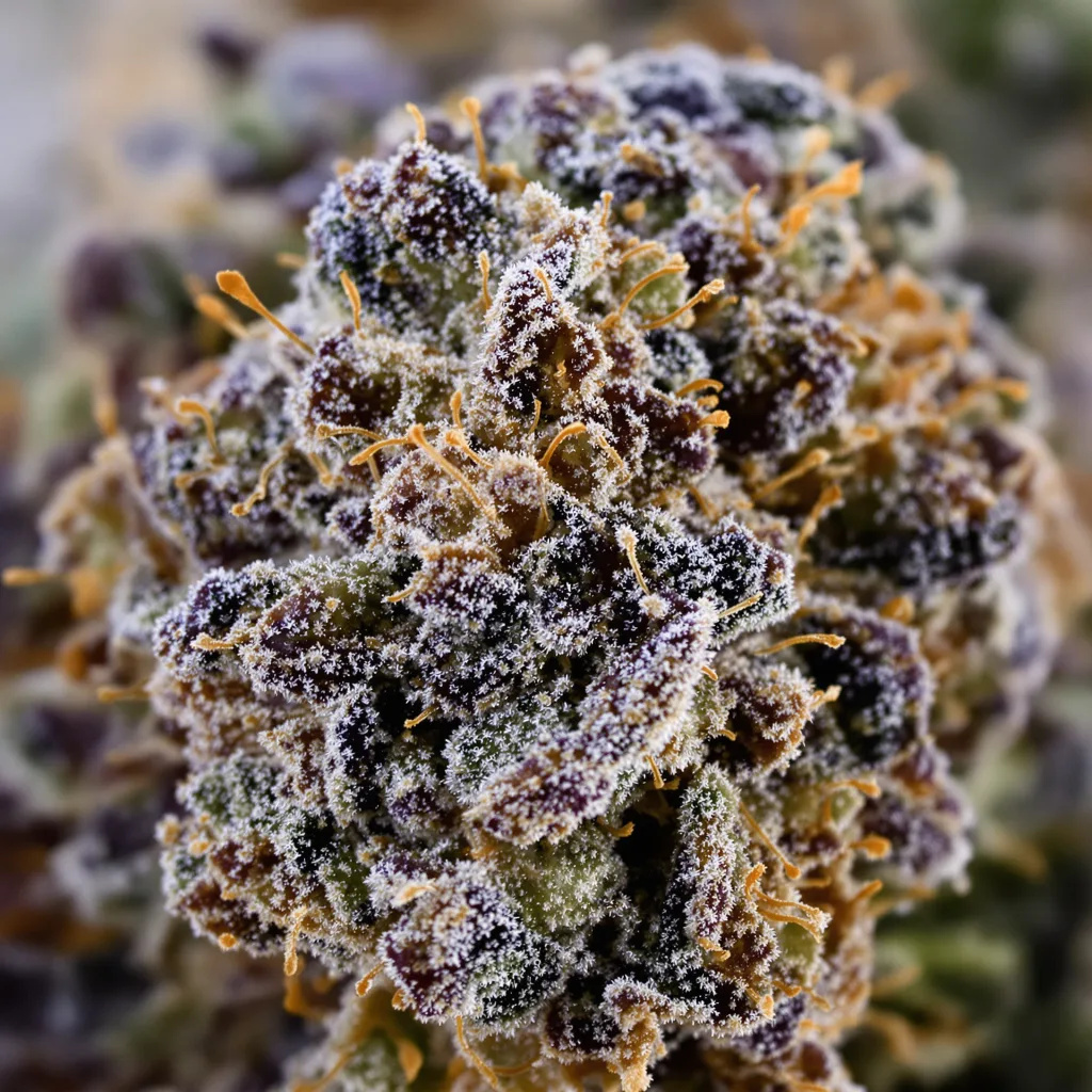 Mafia Funeral cannabis bud close-up showing dense purple-tinged calyxes