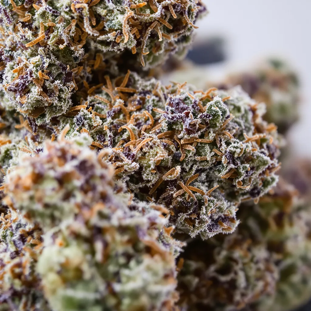 Mag Landrace cannabis bud close-up showing dense purple-tinged calyxes