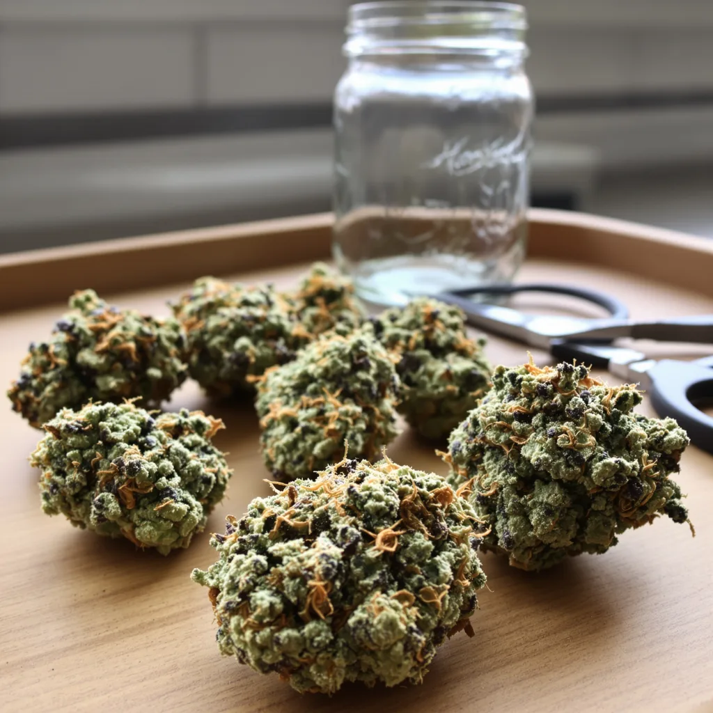 Manitoba Poison 57% indica / 43% sativa flower with visible trichomes