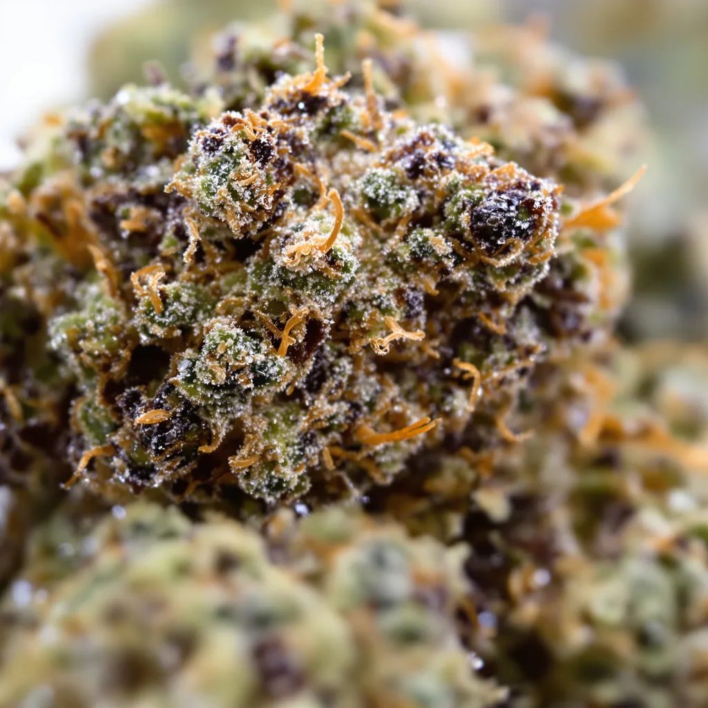 Matanuska Thunder Fuck cannabis bud close-up showing dense purple-tinged calyxes