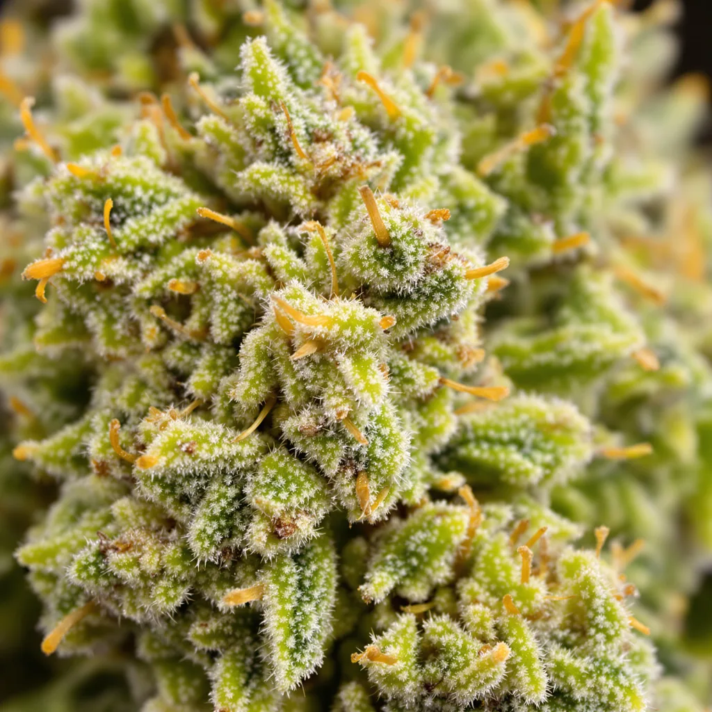 Maui Wowie cannabis bud close-up showing lime-green airy structure