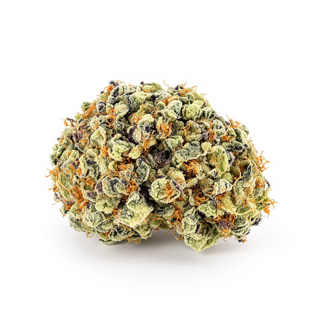 Maxi Gom 54% indica / 46% sativa flower with visible trichomes