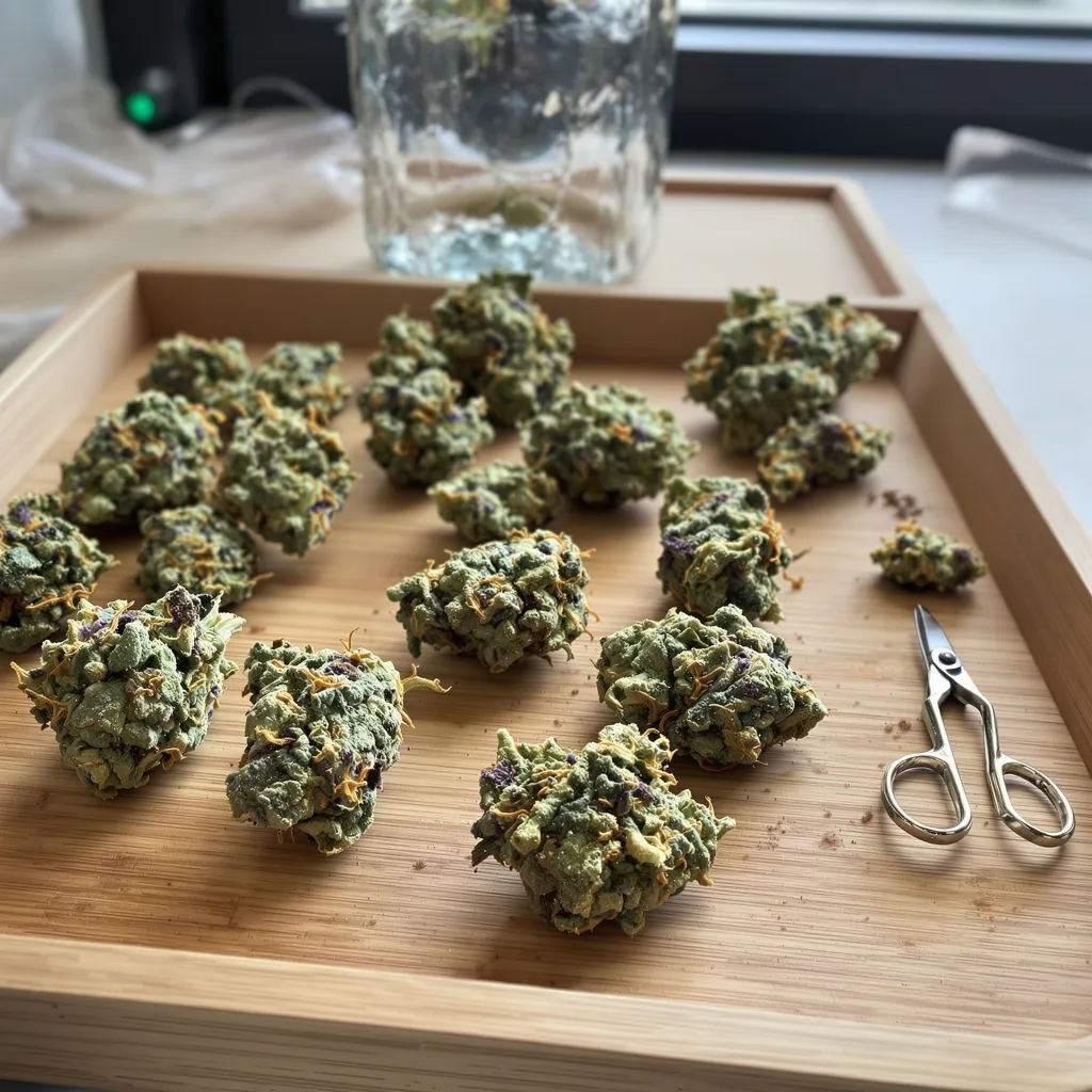 Mazar x Blueberry 39% indica / 61% sativa flower with visible trichomes