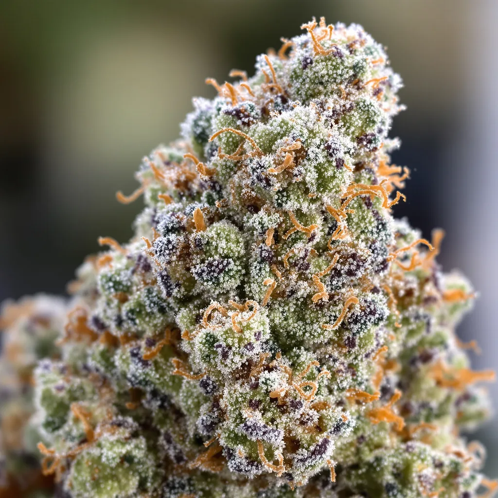 Mazar x Blueberry cannabis bud close-up showing open-bud structure with orange pistils