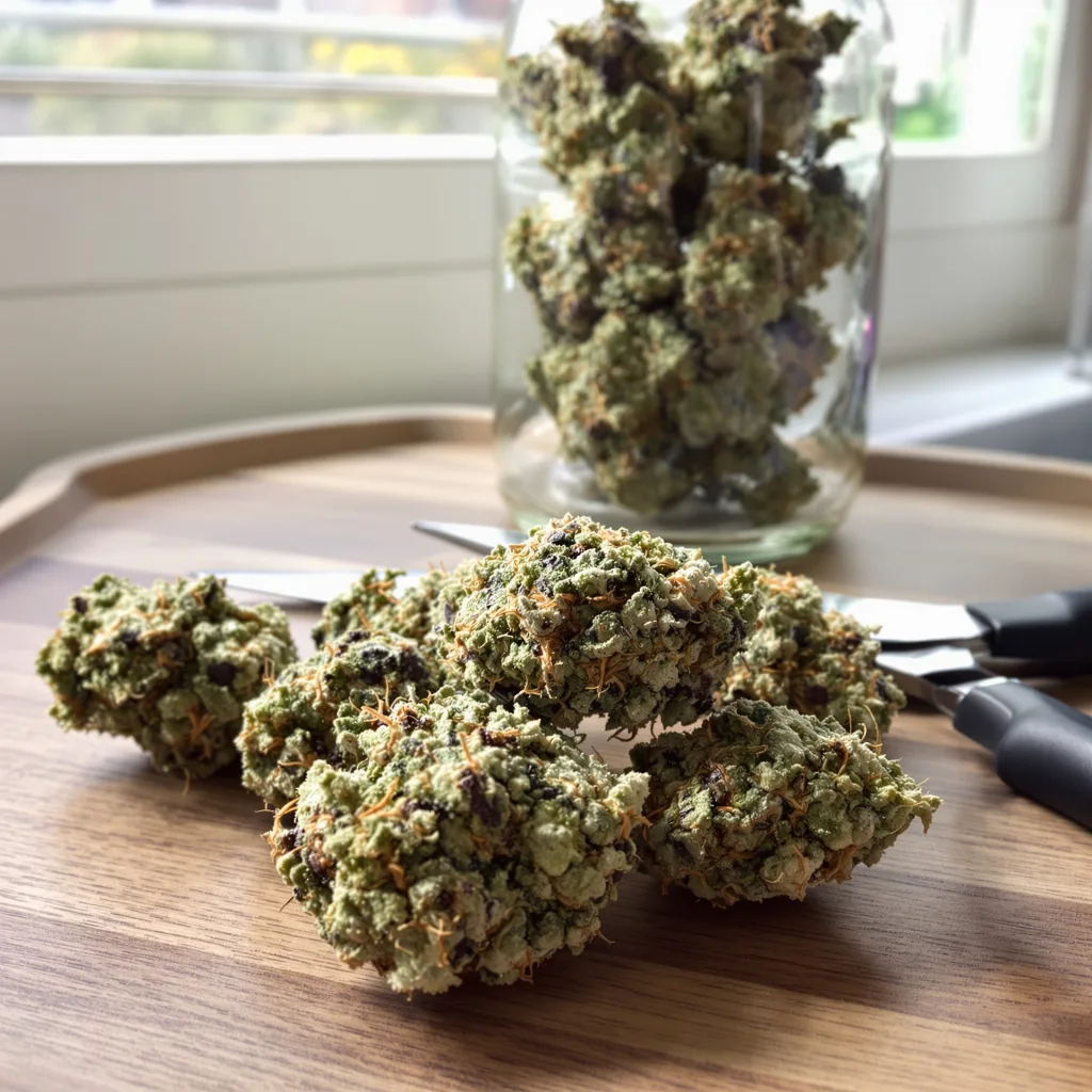 Mazar x Blueberry 39% indica / 61% sativa flower with visible trichomes