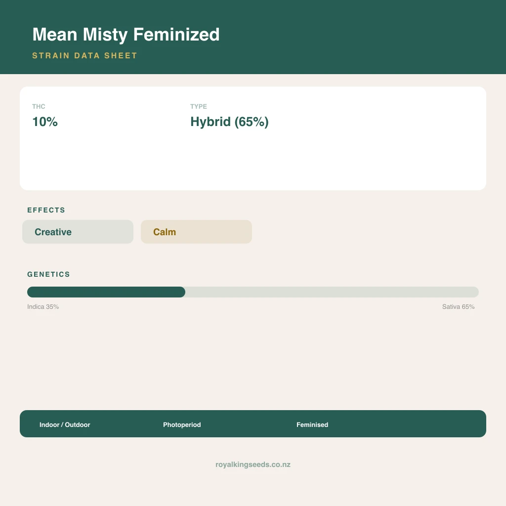 Mean Misty 35% indica / 65% sativa flower with visible trichomes