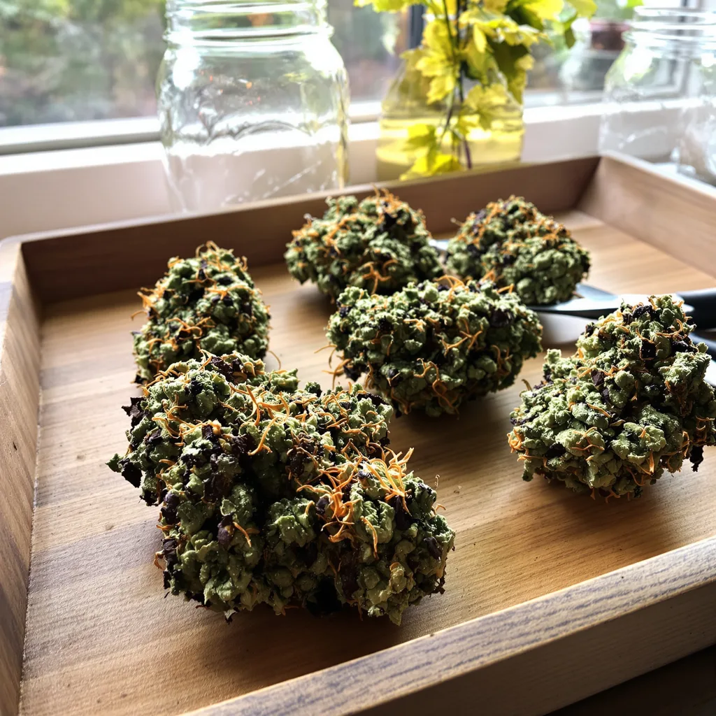 Meat Breath 83% indica / 17% sativa flower with visible trichomes