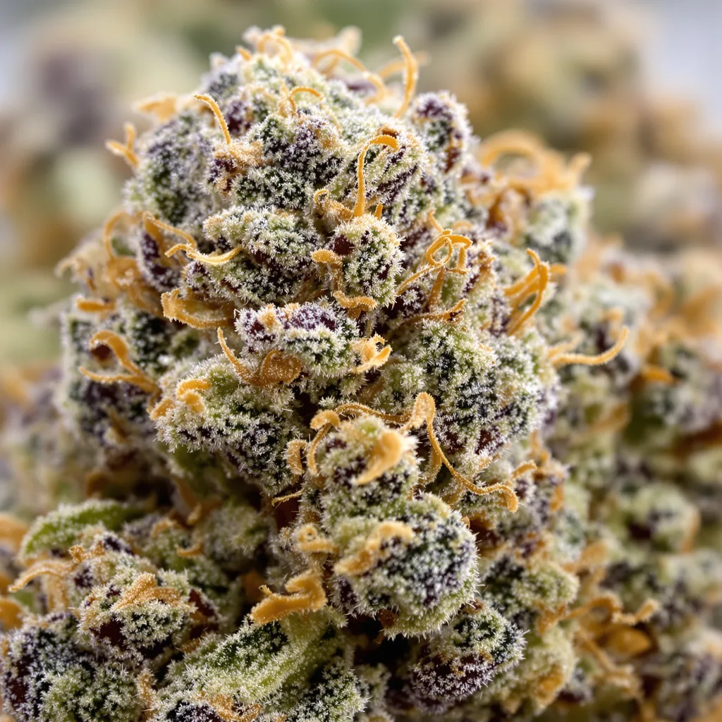Medicine Man cannabis bud close-up showing dense purple-tinged calyxes