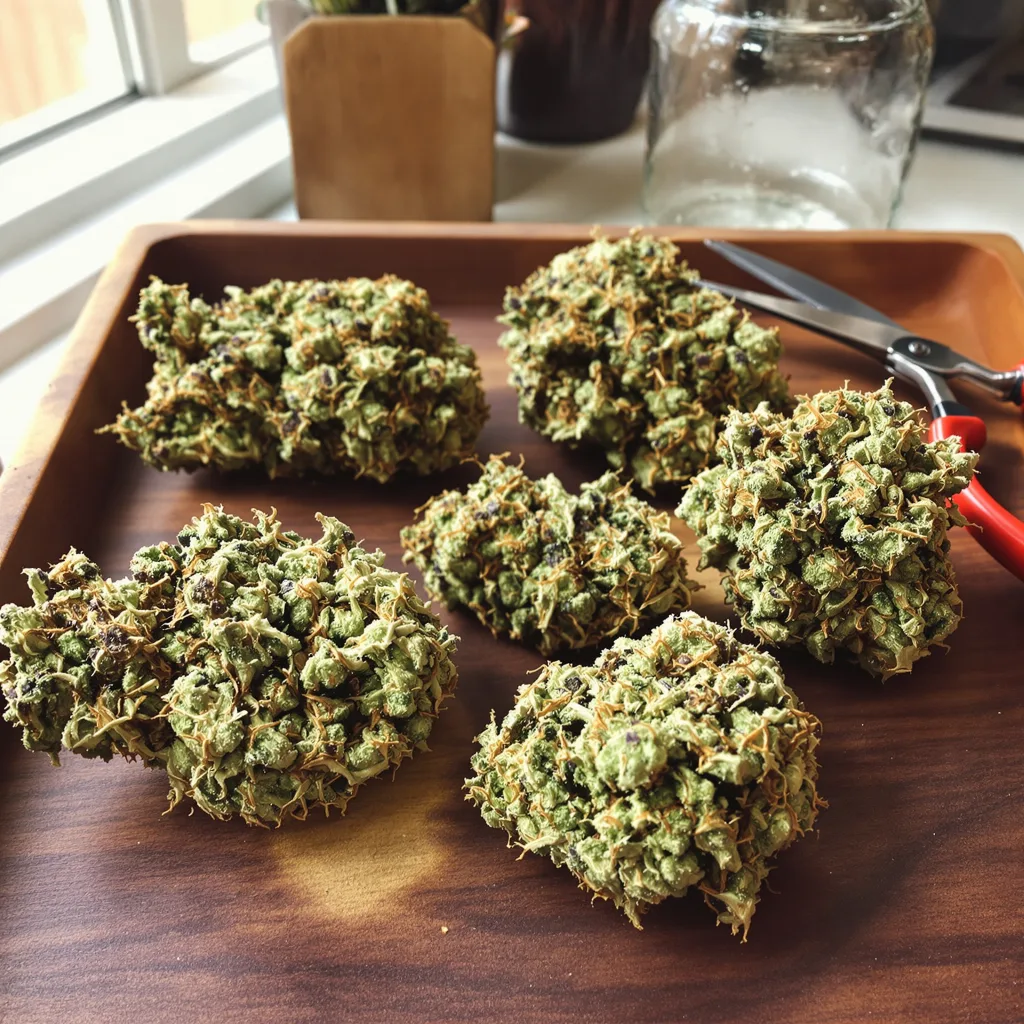 Mendo Breath 60% indica / 30% sativa flower with visible trichomes