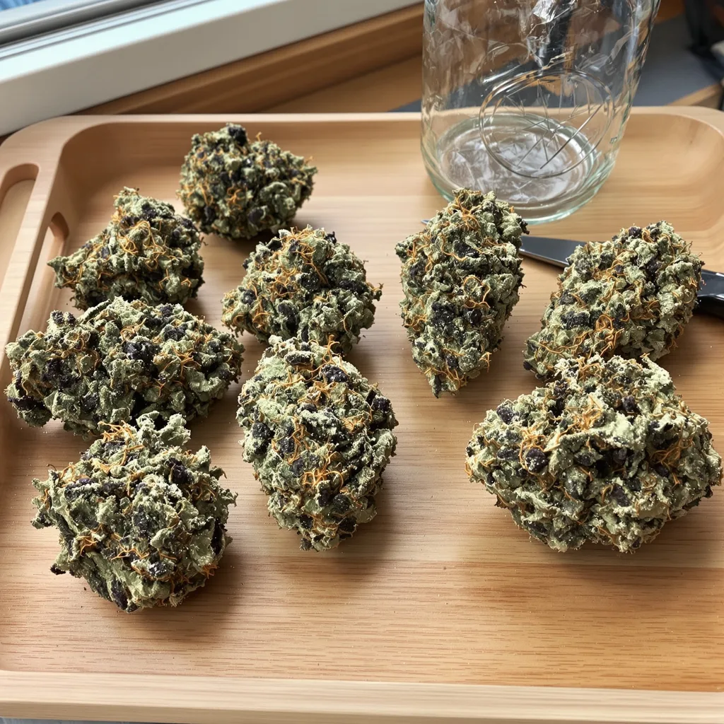 Mendo Breath 60% indica / 30% sativa flower with visible trichomes