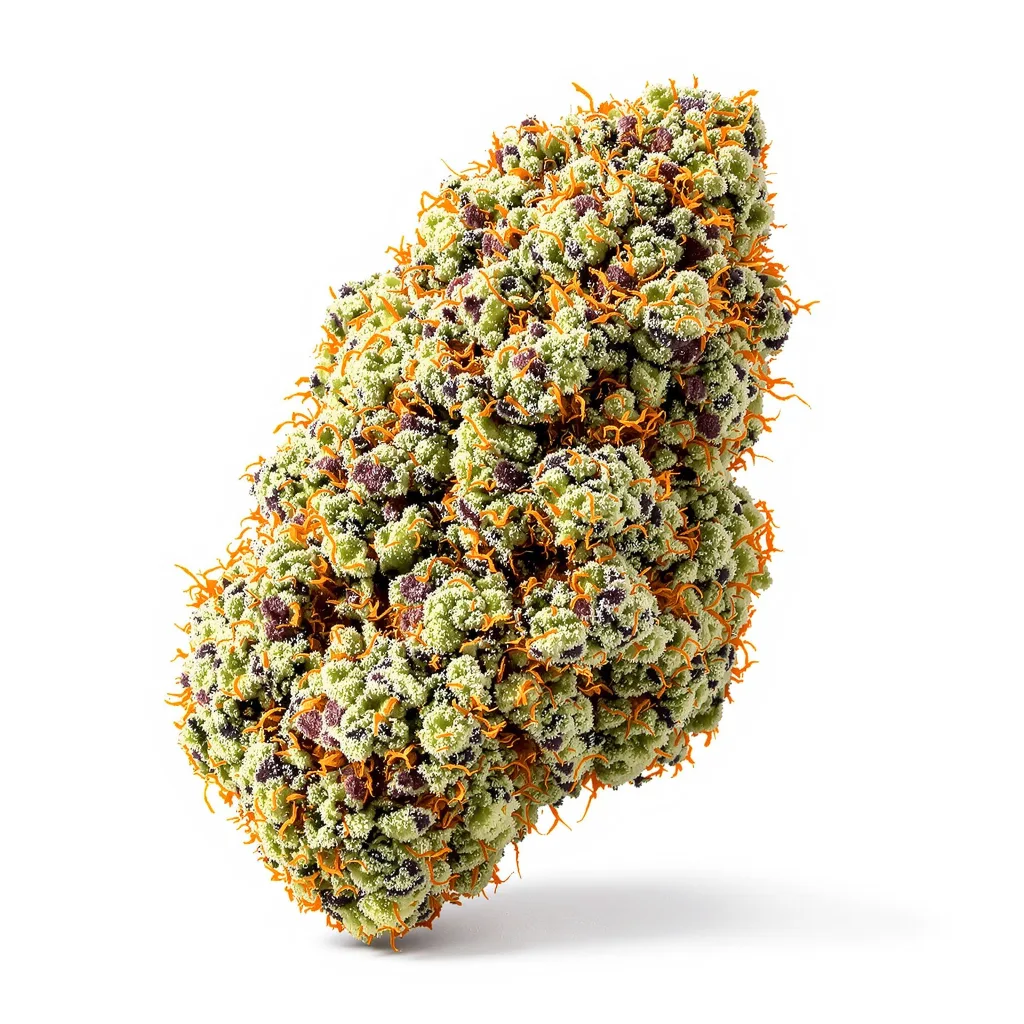 Mendo Breath 60% indica / 30% sativa flower with visible trichomes