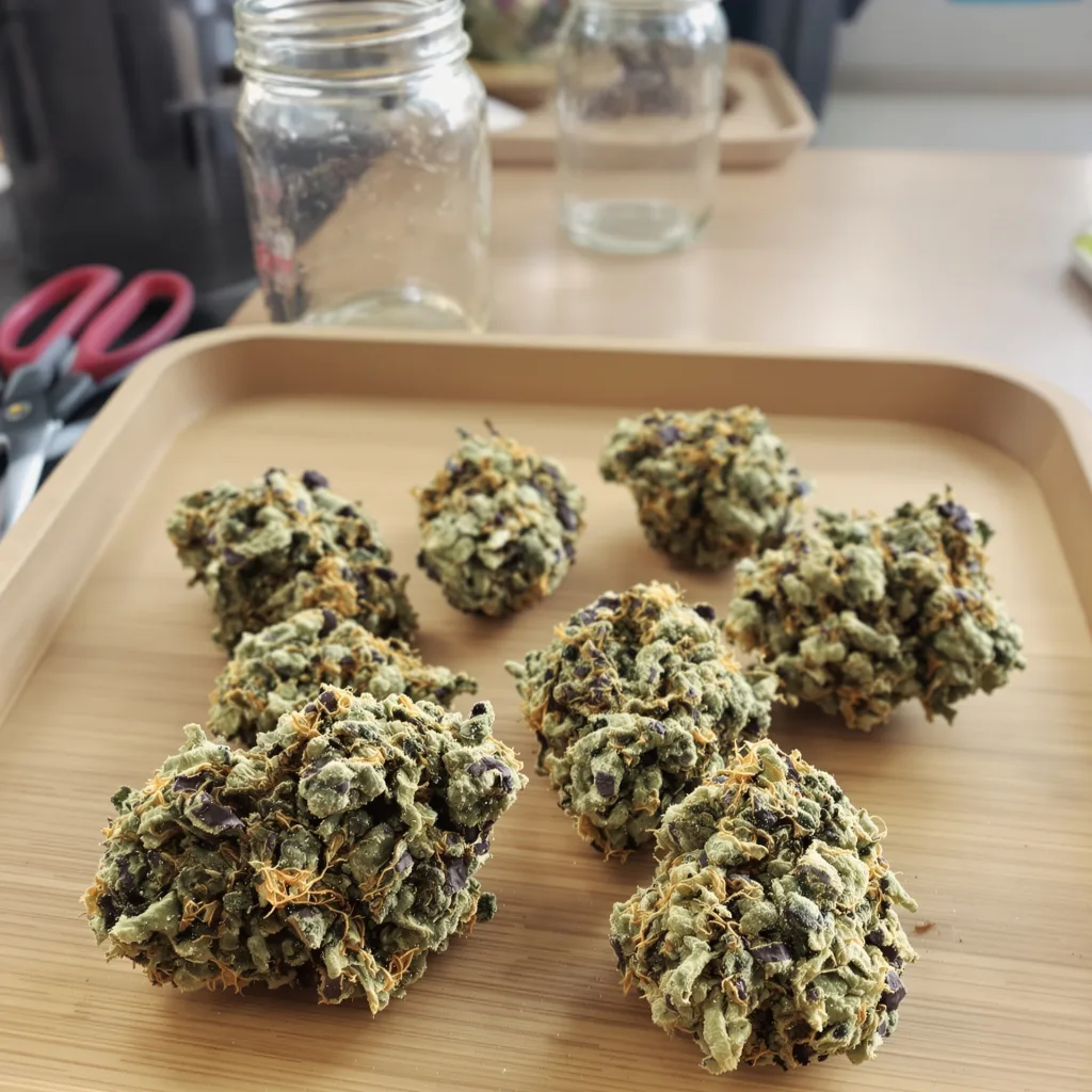 Mendocino Purps 62% indica / 38% sativa flower with visible trichomes