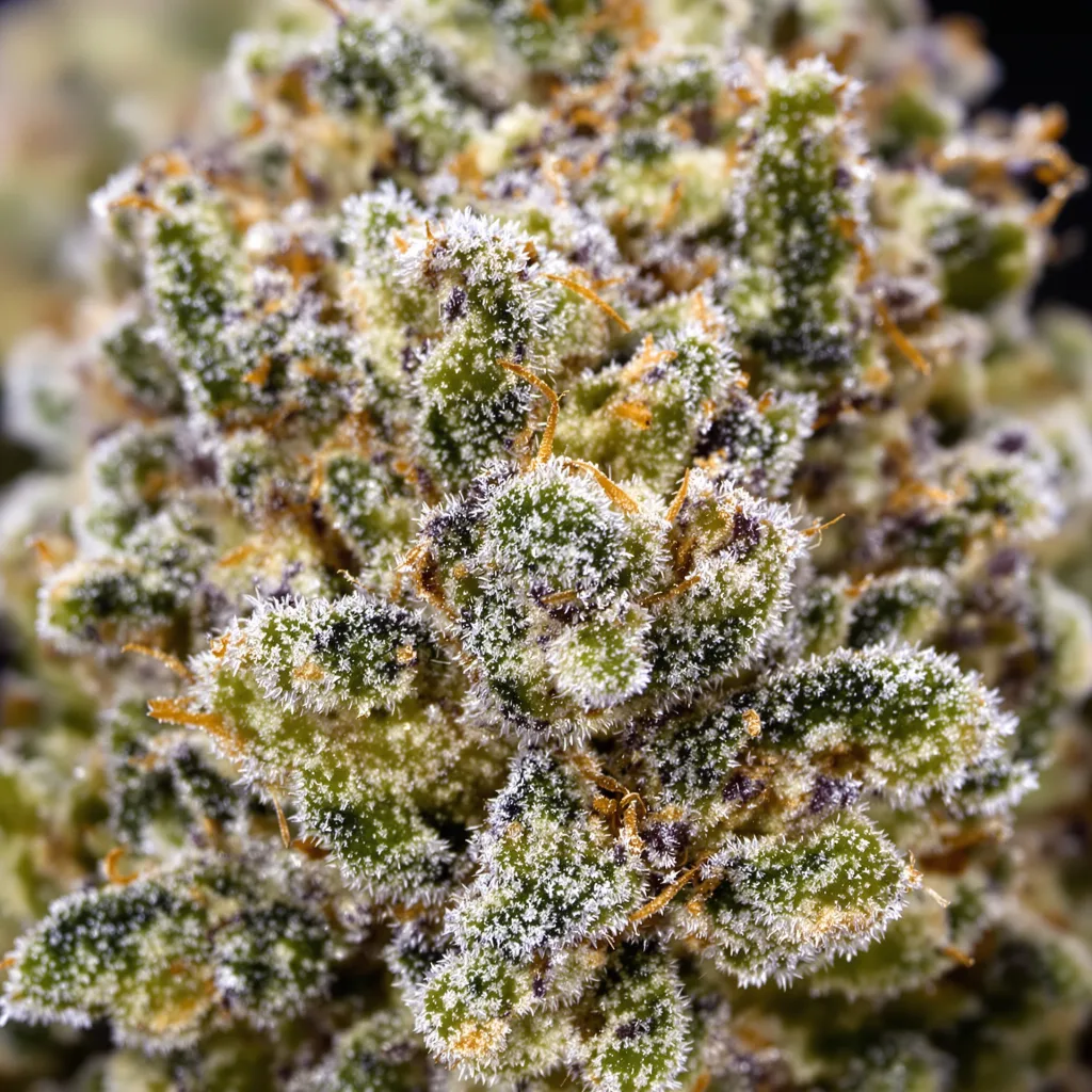 Mendocino Purps cannabis bud close-up showing dense forest-green nugs