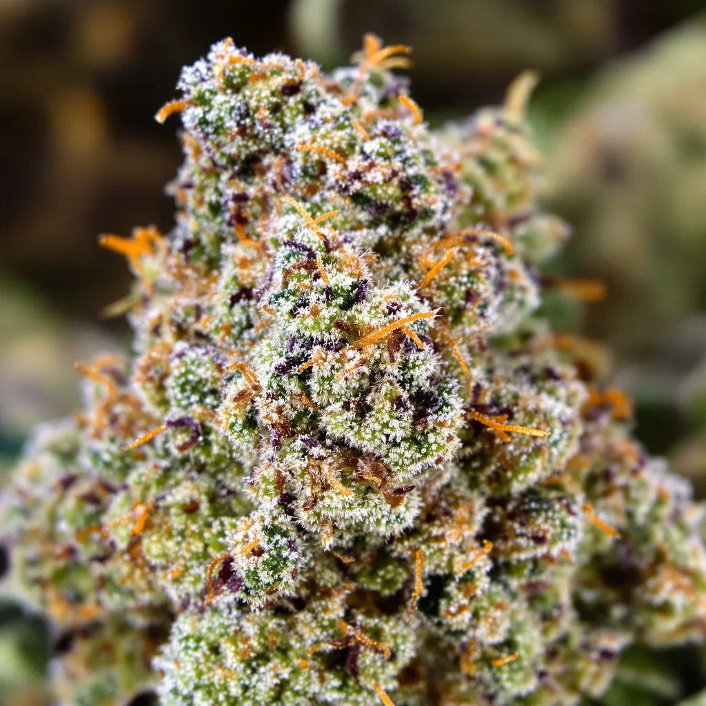 Merlot OG cannabis bud close-up showing open-bud structure with orange pistils