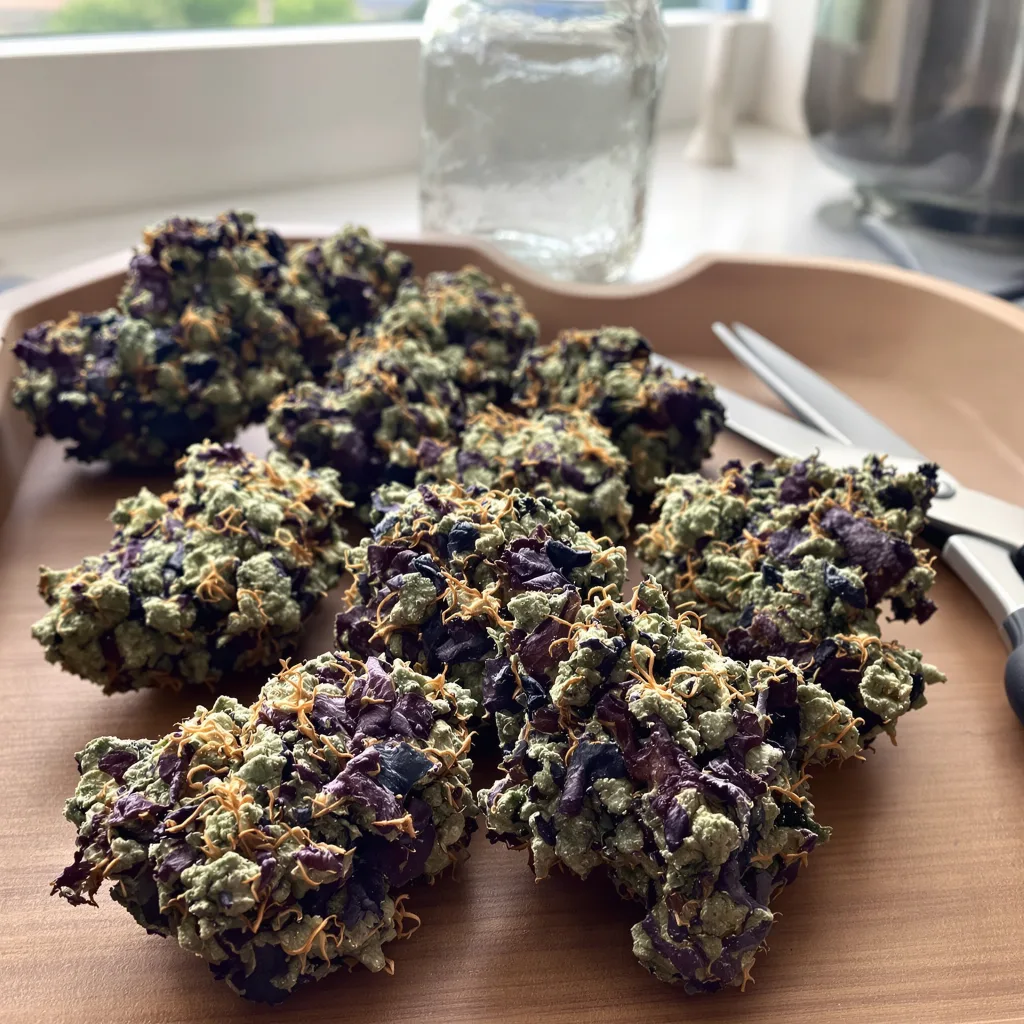 Molokai Frost 82% indica / 18% sativa flower with visible trichomes