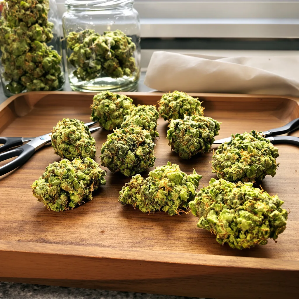 Moonshine Haze 14% indica / 86% sativa flower with visible trichomes