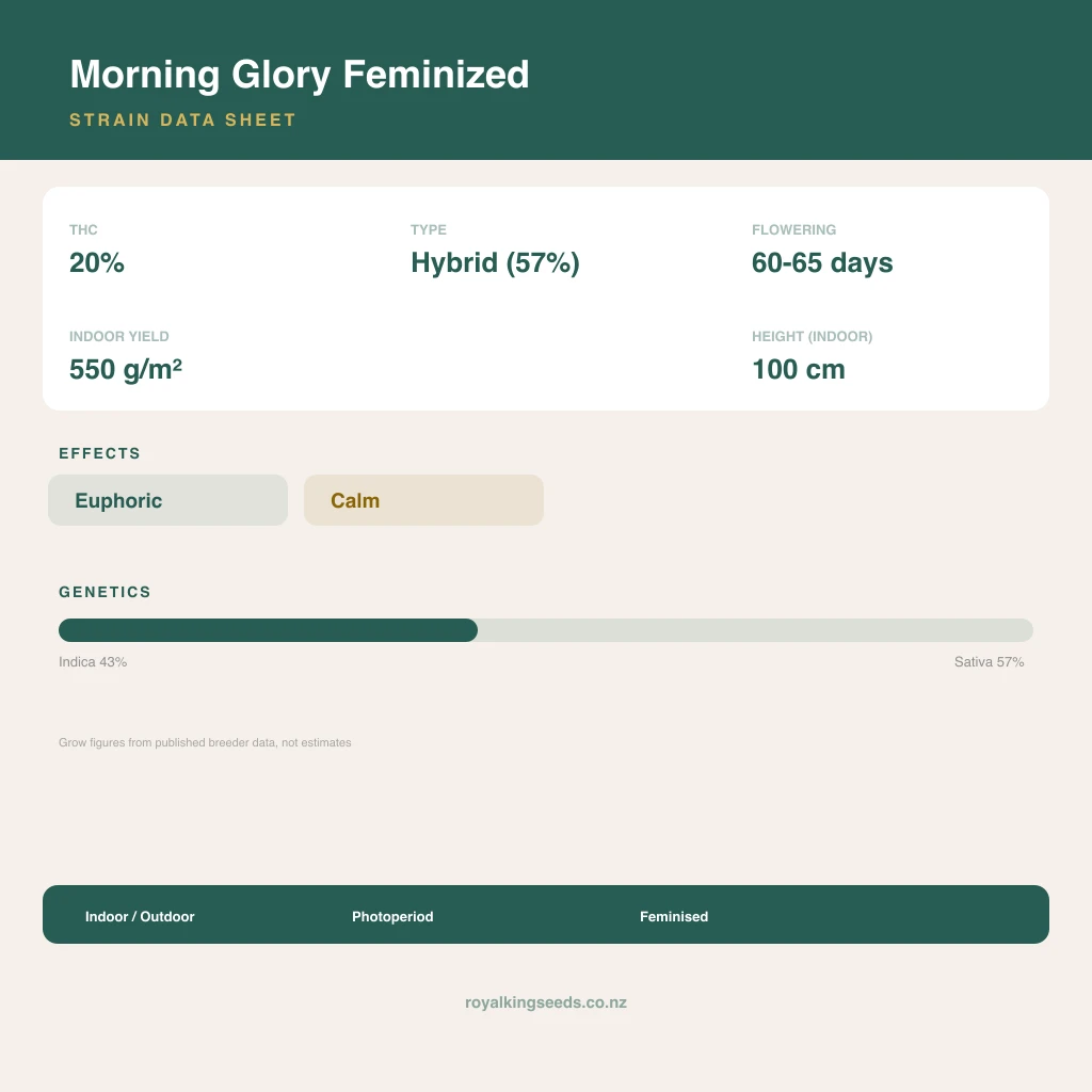 Morning Glory 43% indica / 57% sativa flower with visible trichomes