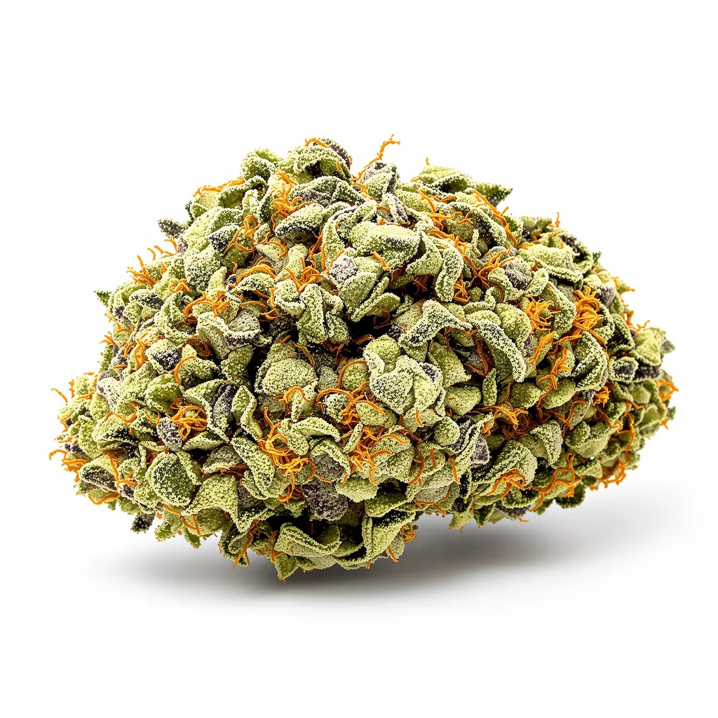 Mt. Rainier 43% indica / 57% sativa flower with visible trichomes