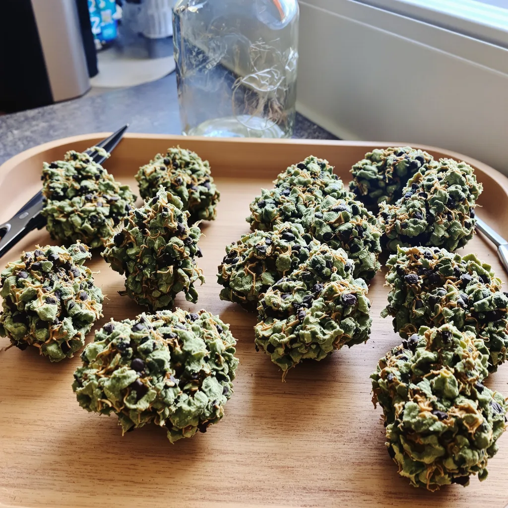 Neptune OG 76% indica / 24% sativa flower with visible trichomes