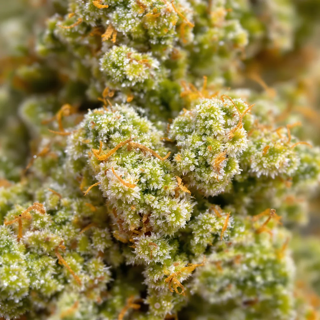 Neville's Haze cannabis bud close-up showing lime-green airy structure
