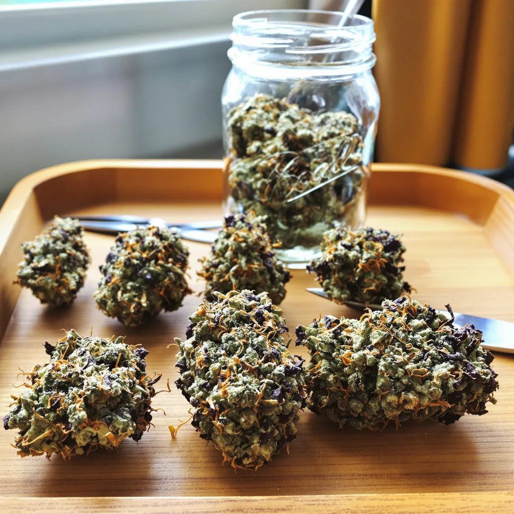 North American 78% indica / 22% sativa flower with visible trichomes