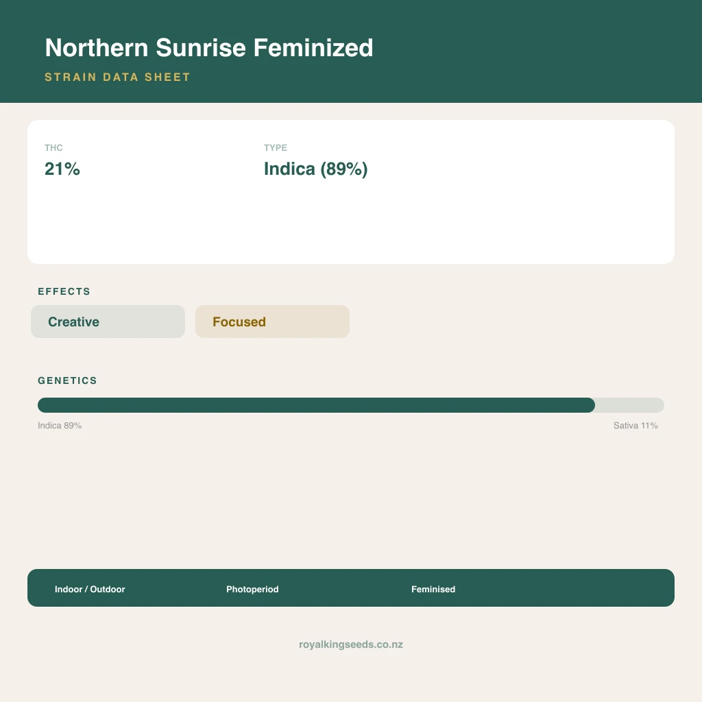 Northern Sunrise 89% indica / 11% sativa flower with visible trichomes
