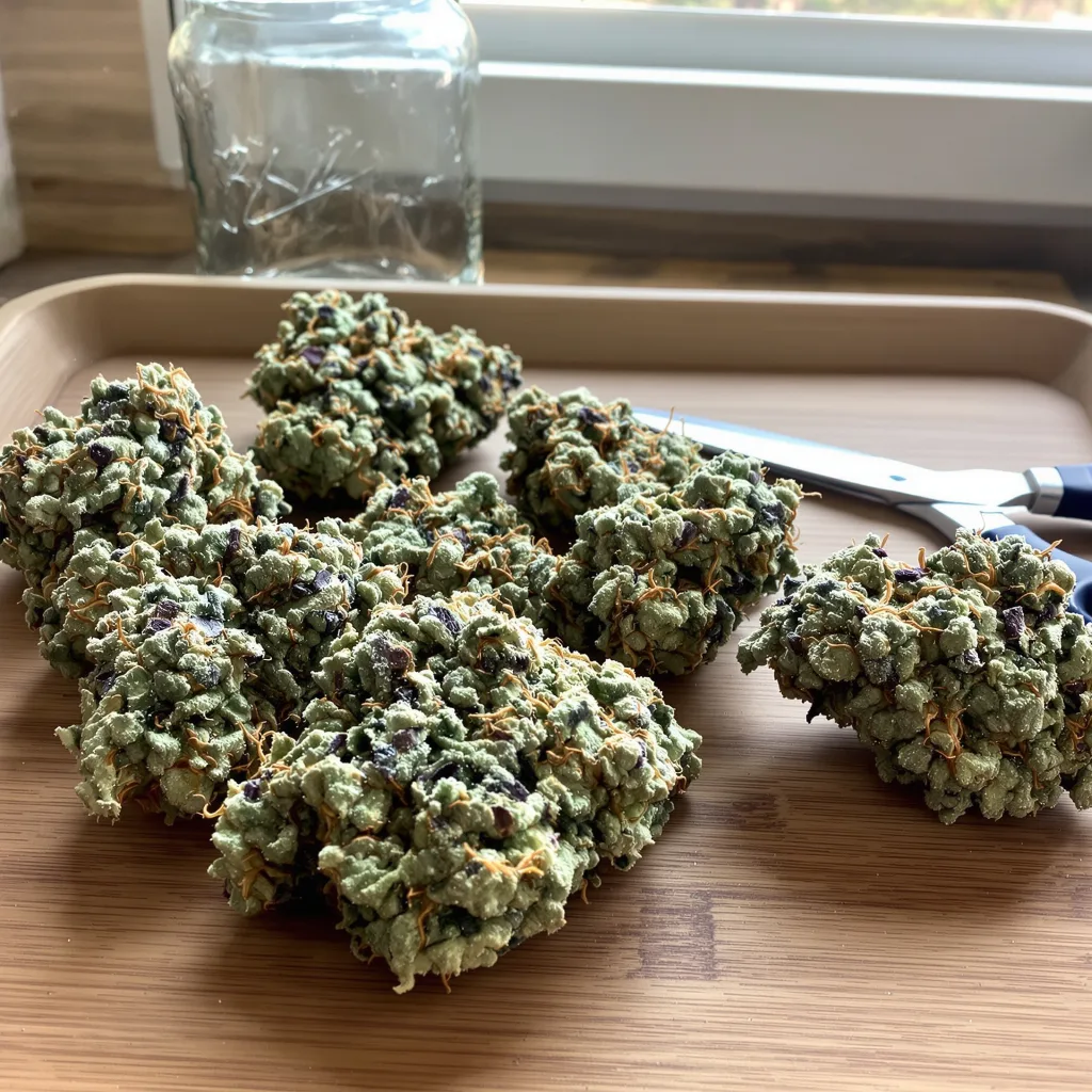 Nuclear Cookies 45% indica / 55% sativa flower with visible trichomes