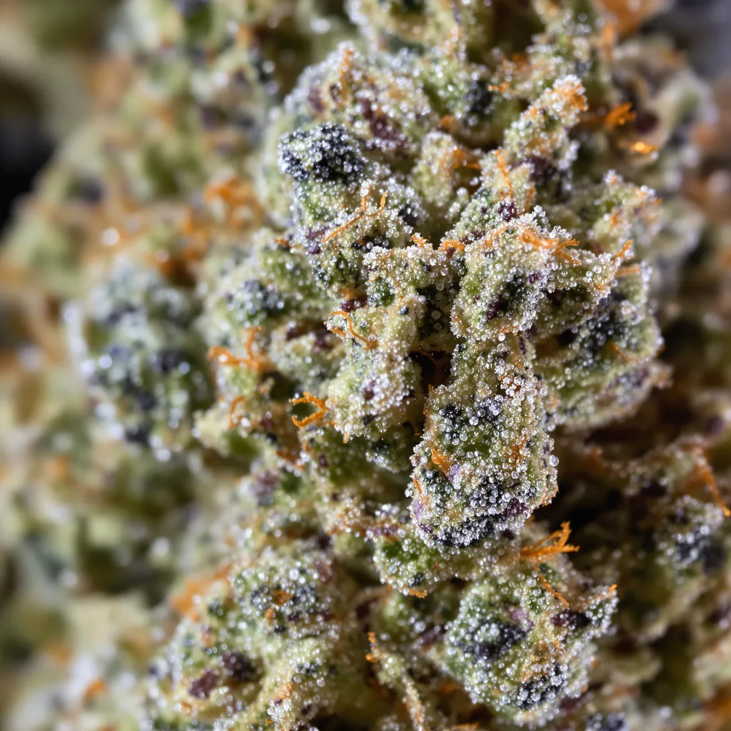 Nuclear Cookies cannabis bud close-up showing balanced bud structure with frosted trichomes