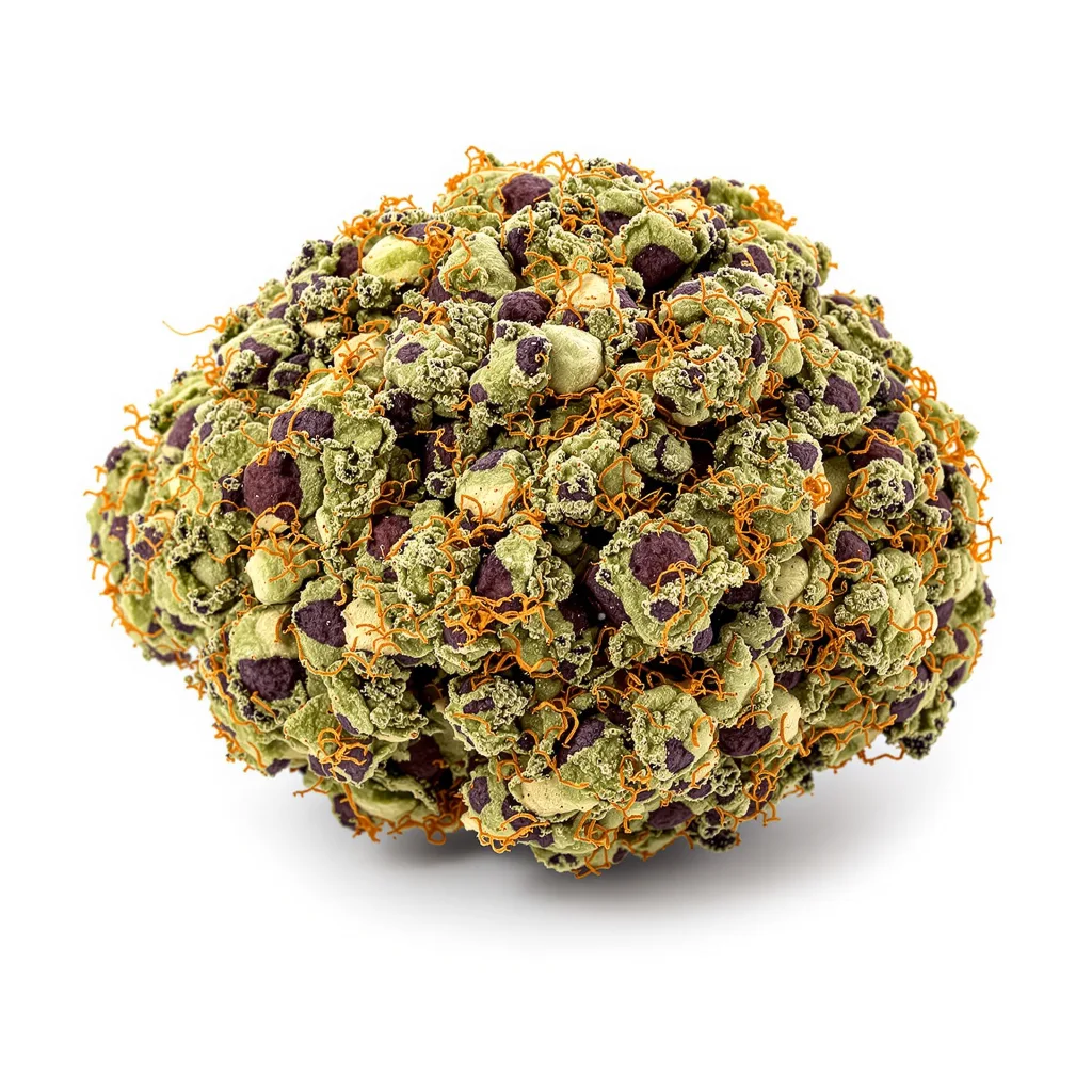 Nuken 70% indica / 20% sativa flower with visible trichomes