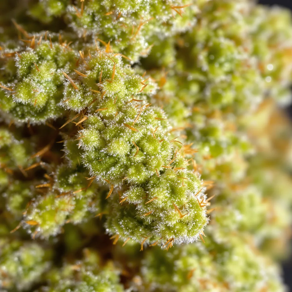 NYC Sour Diesel cannabis bud close-up showing lime-green airy structure