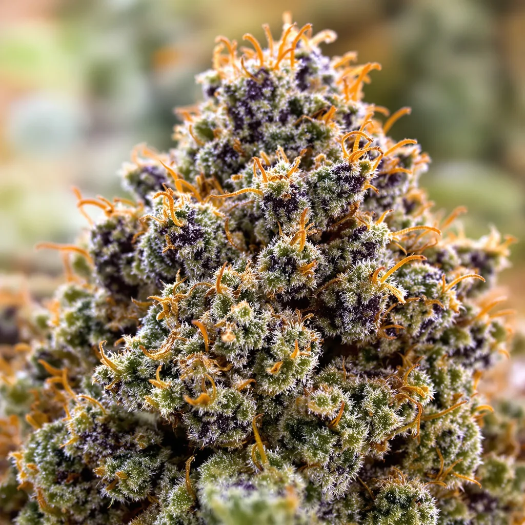 OG LA Affie cannabis bud close-up showing dense purple-tinged calyxes