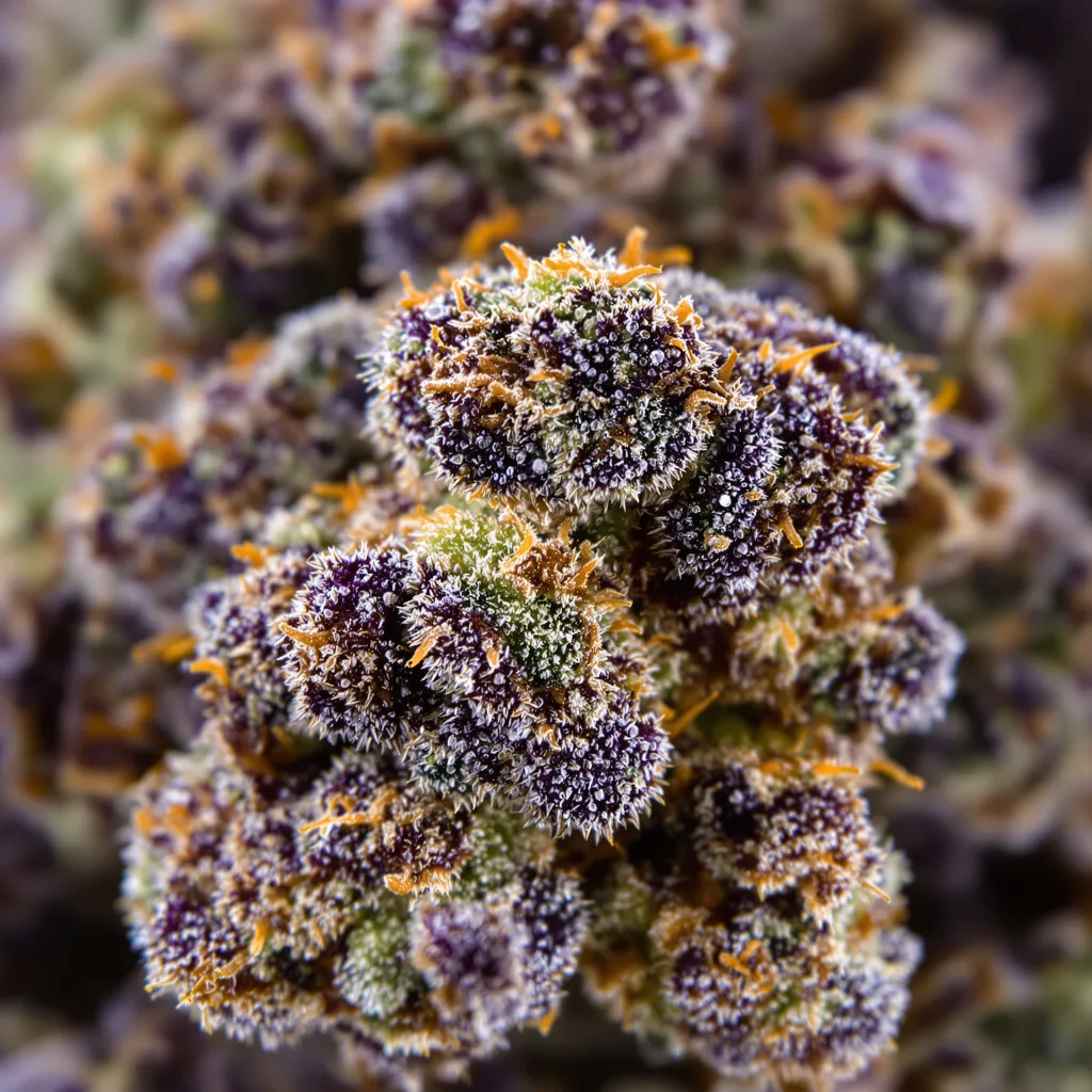 OG Los Angeles Kush cannabis bud close-up showing dense purple-tinged calyxes