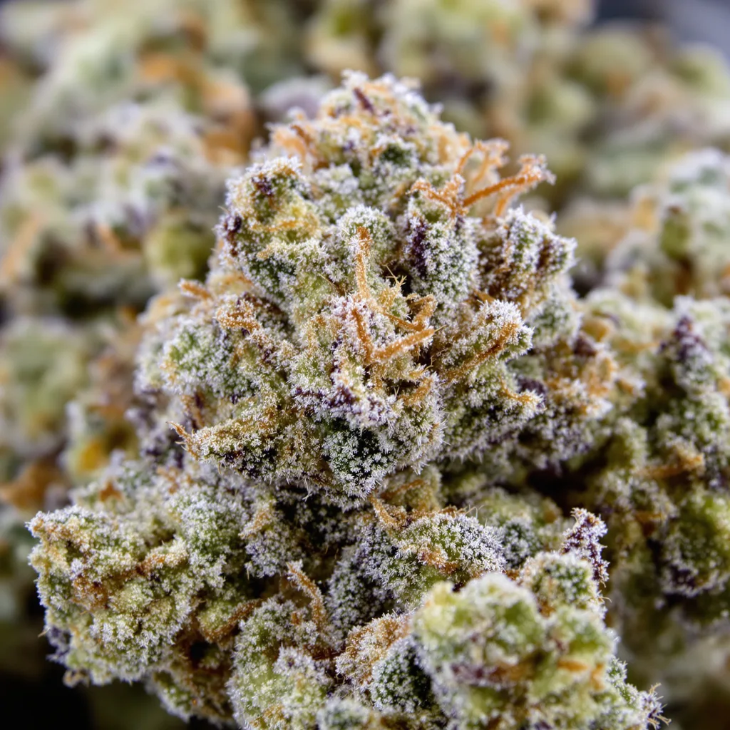 Orange Cookies cannabis bud close-up showing dense forest-green nugs