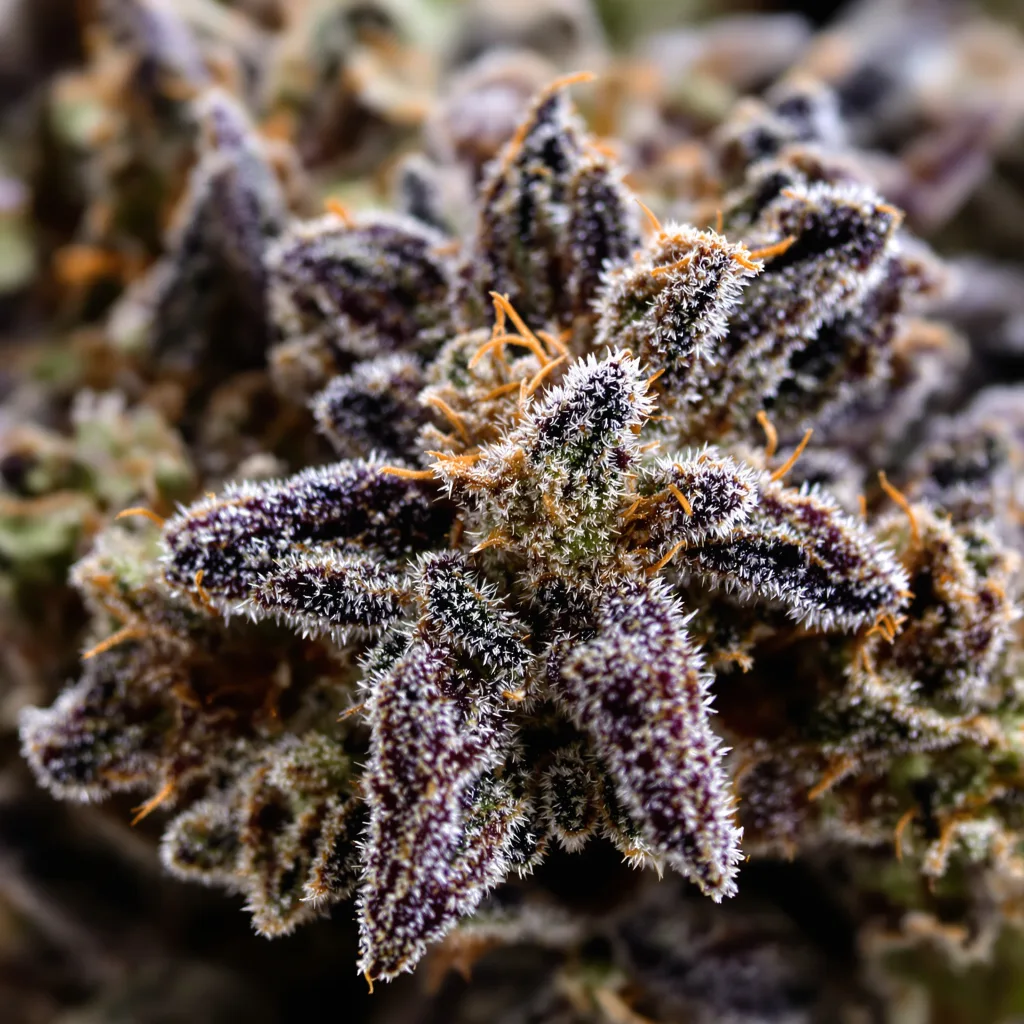 Orange Kush Cake cannabis bud close-up showing dense purple-tinged calyxes