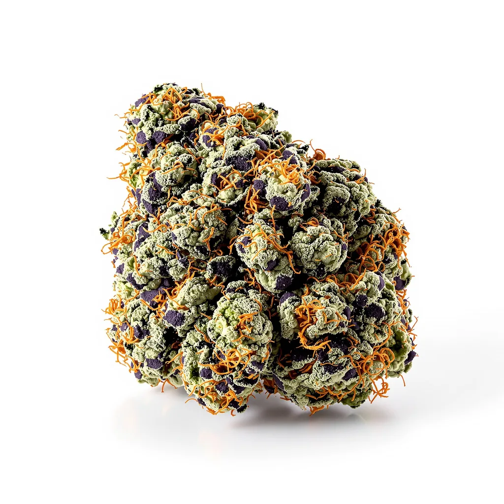 Orange Kush Cake 72% indica / 28% sativa flower with visible trichomes