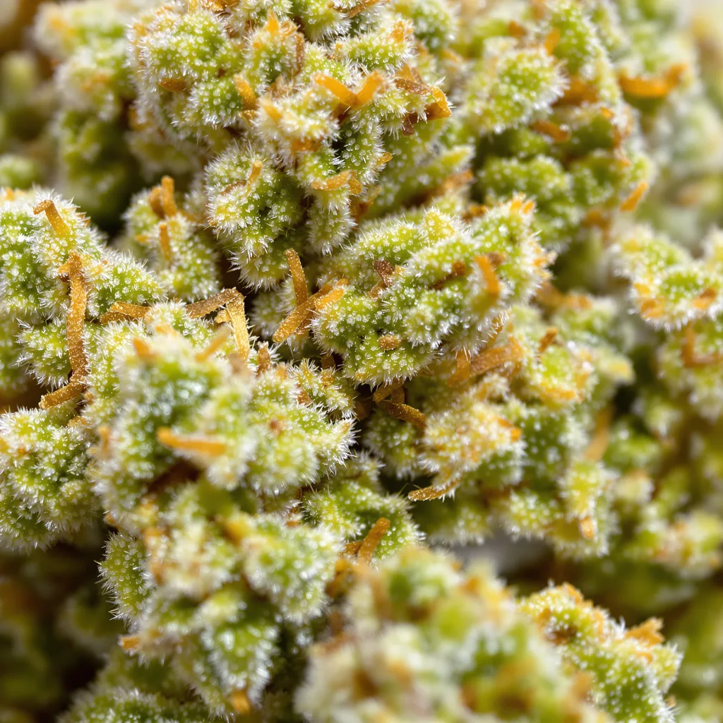 Original Lemon Pie cannabis bud close-up showing lime-green airy structure